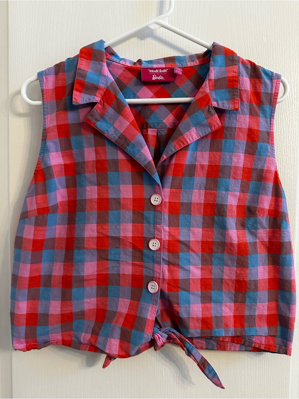 Modcloth Red Pink Blue Plaid Tie-Front Tank